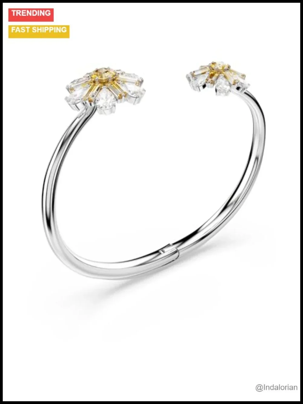 Swarovski Crystal Flower Bangle Bracelet Rhodium Silver - Size Small